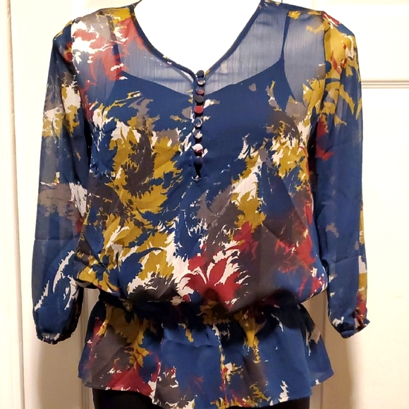 Liz Claiborne Women's Petite Navy Blue Floral Sheer Blouse - Size PS - Picture 1 of 7